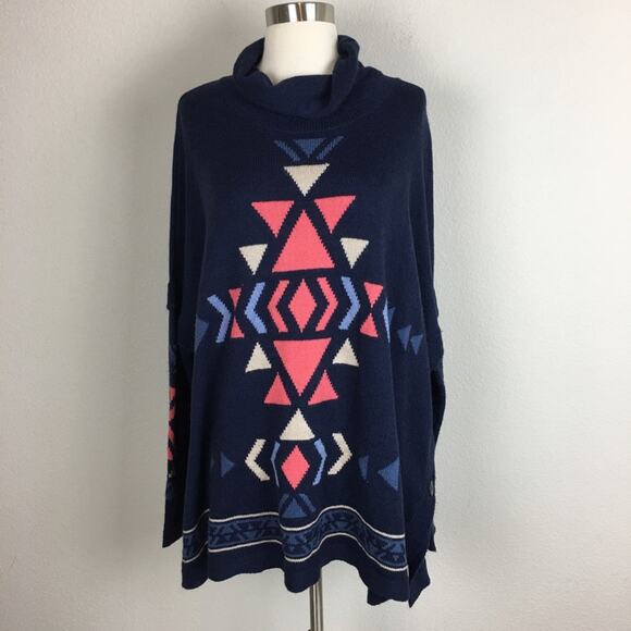 J Jill Navy Southwest Print Drop Sleeve Sweater Medium - Picture 1 of 8